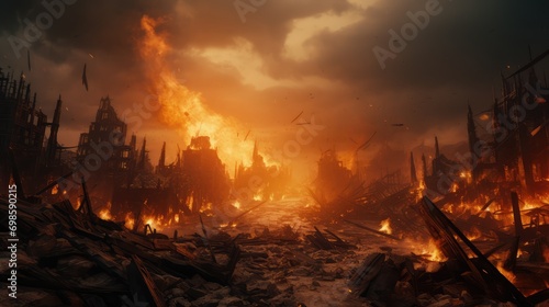 Burning city, apocalyptic landscape. AI generated.