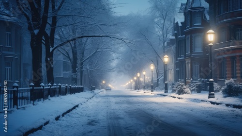 Beautiful snowy street with lanterns. AI generated. © Viktor