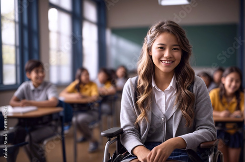 Happy, smiling girl in a wheelchair in the classroom, teenager with disability studying at school. Diversity, inclusion, equity concept.