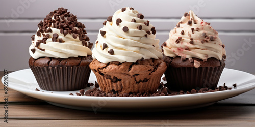 Cupcakes White Background Image .Chocolate chip whipped cream cupcake with chocolate chips .
 