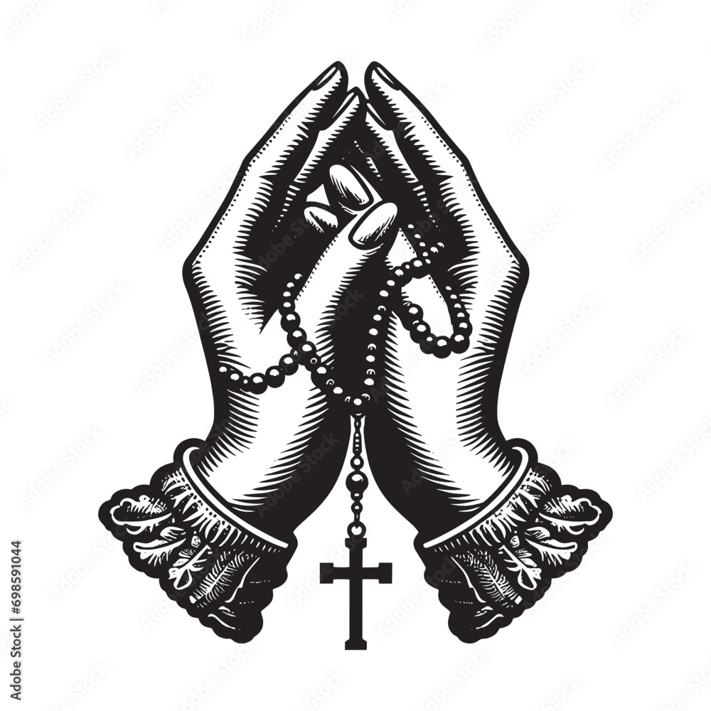 Praying woman Hands with rosary cross. Vintage black engraving illustration. Monochrome vector icon. Isolated and cut out - obrazy, fototapety, plakaty 