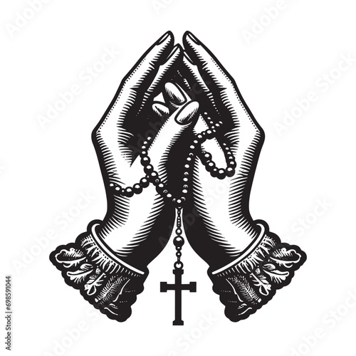 Praying woman Hands with rosary cross. Vintage black engraving illustration. Monochrome vector icon. Isolated and cut out photo