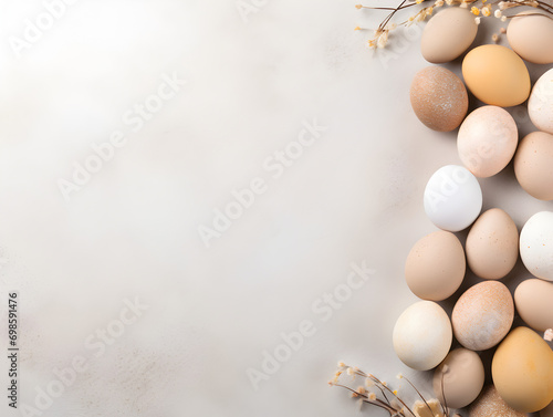 Top view easter background with eggs on beige copy space for text 