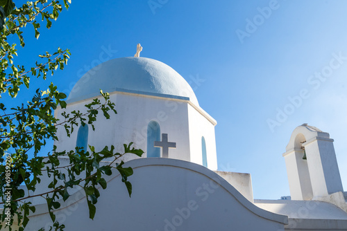 Traditional Greek church with blue dome on the island of Paros