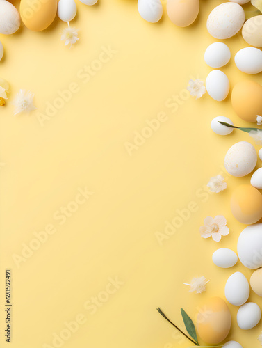 White and yellow easter eggs frame background with free copy space inside 