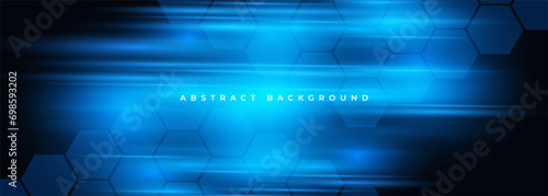 Dark hexagon gaming abstract wide vector background with blue colored bright and glowing flashes lines. Vector illustration