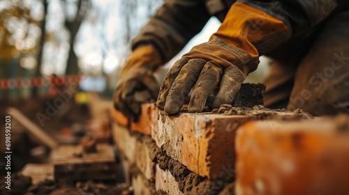 A construction worker building a wall with bricks