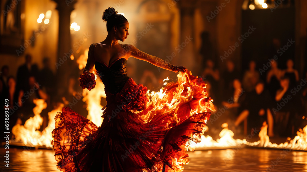 Flamenco Dance Fiery Passion. A stunning Spanish woman gracefully dances flamenco, with burning flames in the background. Expression of passion and artistry concept - obrazy, fototapety, plakaty 