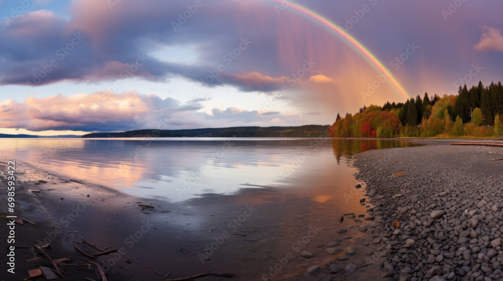 Rainbow over remote northern lake
