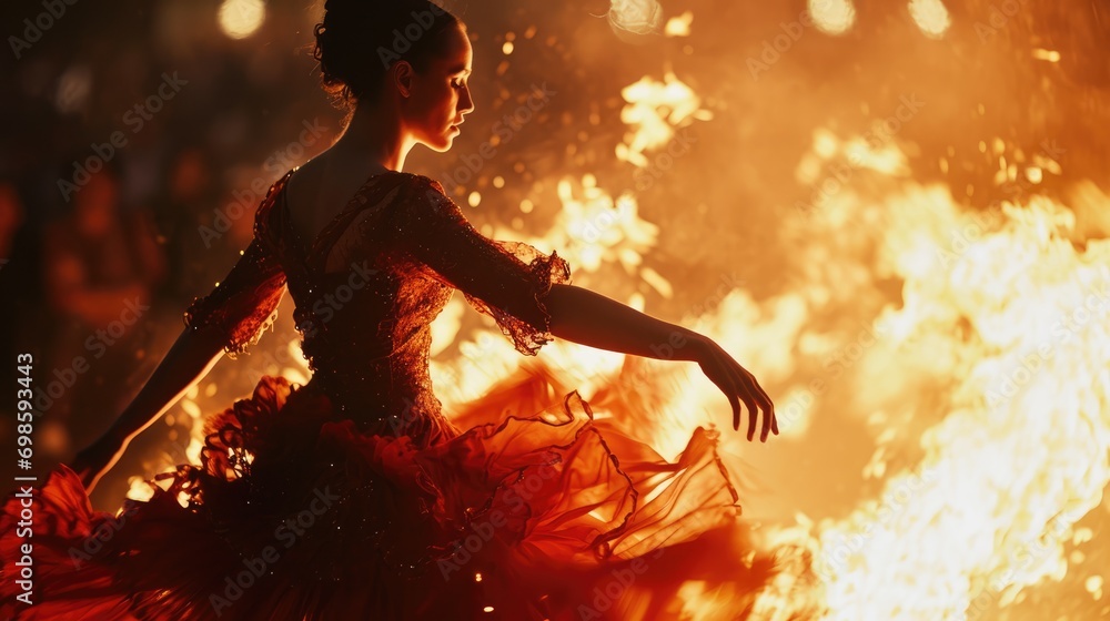 Obraz premium Flamenco Dance Fiery Passion. A stunning Spanish woman gracefully dances flamenco, with burning flames in the background. Expression of passion and artistry concept