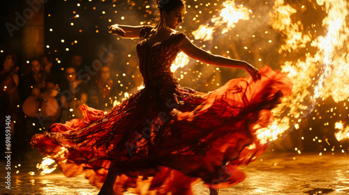Flamenco Dance Fiery Passion. A stunning Spanish woman gracefully dances flamenco, with burning flames in the background. Expression of passion and artistry concept