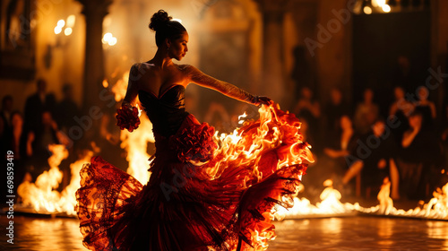 Flamenco Dance Fiery Passion. A stunning Spanish woman gracefully dances flamenco, with burning flames in the background. Expression of passion and artistry concept photo