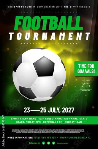 Football or soccer tournament poster template with ball and sample text in separate layer - vector illustration