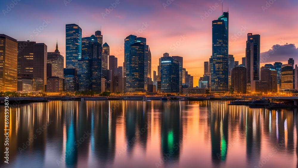 A vibrant city skyline at dusk, with illuminated skyscrapers reflecting on the calm waters of a nearby river.
