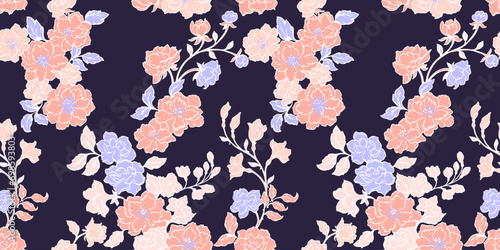 Vector hand drawn abstract, creative, simple branches flowers internment in a seamless pattern. Stylized floral tapestry printing. Template for textile, fashion, surface design, fabric,, wallpaper