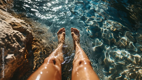 Young woman putting her feet in the water photo