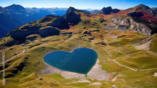 Heart-shaped lake in mountains