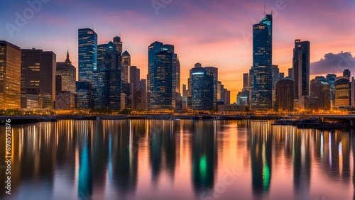 A vibrant city skyline at dusk, with illuminated skyscrapers reflecting on the calm waters of a nearby river.
 photo