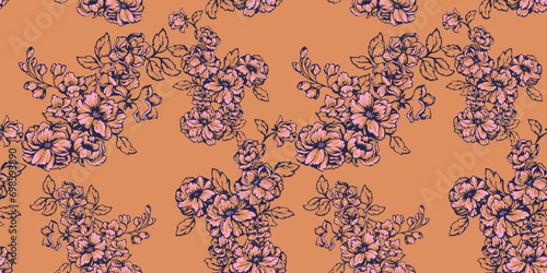 Artistic simple branches flowers seamless pattern. Vector hand drawn sketch. Abstract  lines, outlines, shape floral printing. Template for textile, fashion,surface design, fabric, indoor decor,