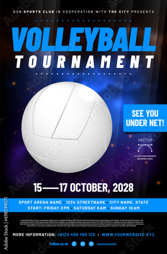 Volleyball tournament poster template with ball and sample text in separate layer - vector illustration