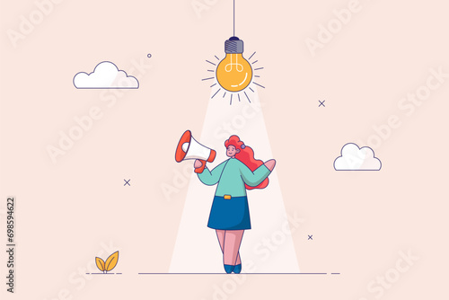 Brainstorm concept. Innovation, creativity or imagination for business success, thinking about idea, solution to solve problem, smart businesswoman thinking under inspired bright light bulb.