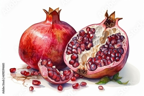 Ripe broken pomegranate, watercolor drawing on a white background