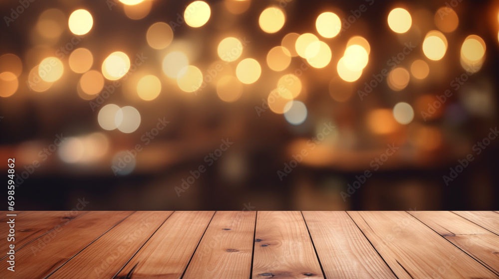 Wood table background, Hyper realistic, wooden table in a coffee shop with beautiful fairy lights, Mockup, Portrait mode, Wallpapers, Holidays, New year, Generative Ai