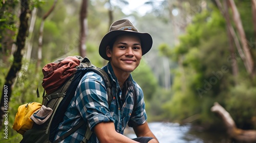 A smiling young man in a plaid shirt enjoys the serenity of a riverside forest setting.