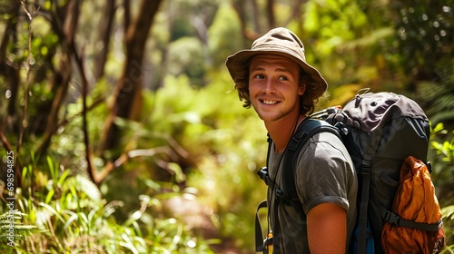 A cheerful hiker in a bush hat smiles while trekking through a lush green forest, embodying the joy of nature.