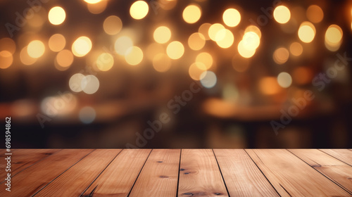 Wood table background, Hyper realistic, wooden table in a coffee shop with beautiful fairy lights, Mockup, Portrait mode, Wallpapers, Holidays, New year, Generative Ai