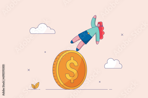 Financial instability concept. Uncertainty or unstable investment market, risky situation, economic recession, crisis or bankruptcy, businesswoman investor falling from stack of unstable money coins.