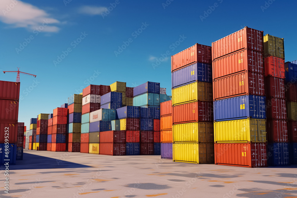 Gain a unique perspective with a view of containers at a container yard, where the bustling activity of forklifts and trucks adds dynamism to the scene. Generative AI. Gain a unique perspective with a view of containers at a container yard, where the bustling activity of forklifts and trucks adds dynamism to the scene. Generative AI.