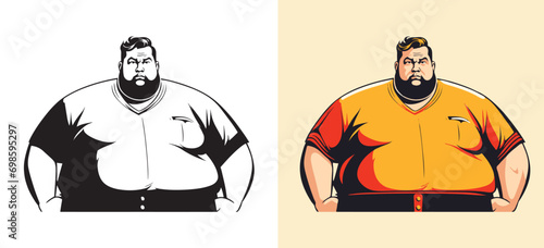 Fat man character portrait cartoon black white sketch vector and color obese overweight beard guy person in t-shirt set graphic illustration AI generated, modern human male comic drawn design image