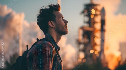 A man with a backpack looks up in awe at a towering launchpad structure against a sunset sky.