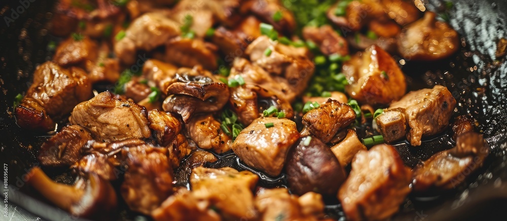 Pork and King Oyster Mushrooms cooked together. Pork and King Oyster Mushrooms cooked together.