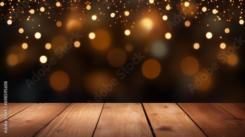 Wood table background, Hyper realistic, wooden table in a coffee shop with beautiful fairy lights, Mockup, Portrait mode, Wallpapers, Holidays, New year, Generative Ai