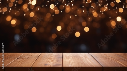 Wood table background, Hyper realistic, wooden table in a coffee shop with beautiful fairy lights, Mockup, Portrait mode, Wallpapers, Holidays, New year, Generative Ai