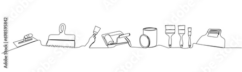 Set of paint roller and brushes, plaster spatula, repair tools one line art. Continuous line drawing of repair, professional, service, concept, support, maintenance, work, technician.