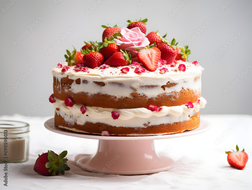 Delicious strawberry cake with vanilla buttercream frosting and fresh berries on top, white table and blurry background Delicious strawberry cake with vanilla buttercream frosting and fresh berries on top, white table and blurry background
