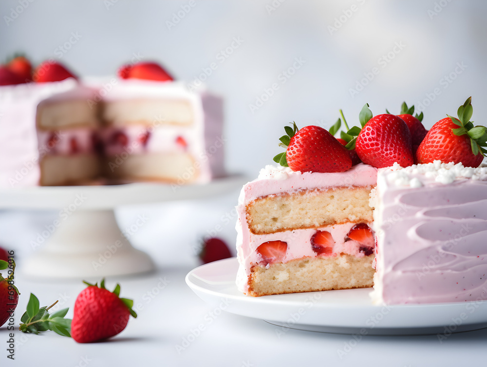 Cutted strawberry cake with vanilla buttercream frosting, blurry background 