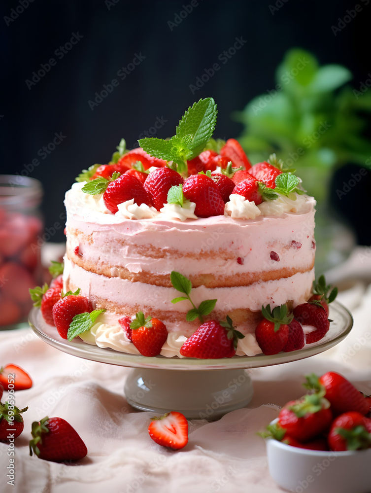Delicious strawberry cake with vanilla buttercream frosting and fresh berries on top, white table and blurry background Delicious strawberry cake with vanilla buttercream frosting and fresh berries on top, white table and blurry background