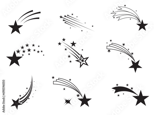 Shooting stars icon vector set. Abstract silhouette of shooting star. Meteorite and comet symbols. Flying comet with tail, falling meteor, abstract galaxy element. Cosmic shine. star vector design.