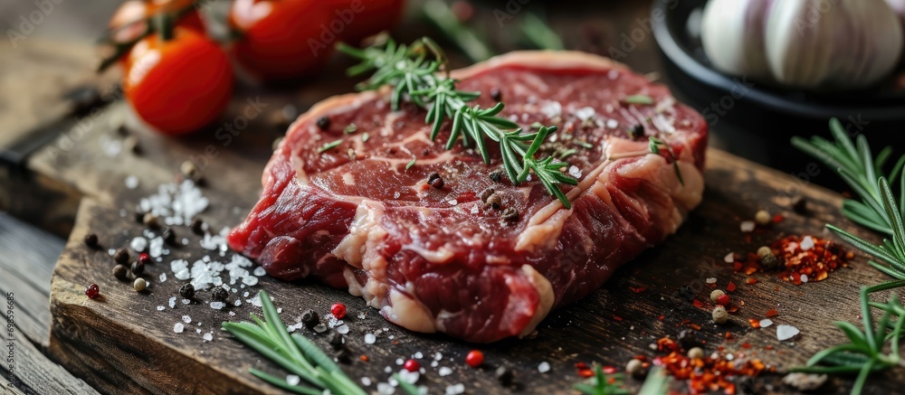 Ribeye beef with salt, spices, tomato, and rosemary. BBQ ingredients. Ribeye beef with salt, spices, tomato, and rosemary. BBQ ingredients.