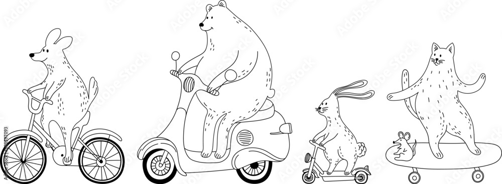 Illustration of cartoon animals on a scooter. Cute doodle animals.