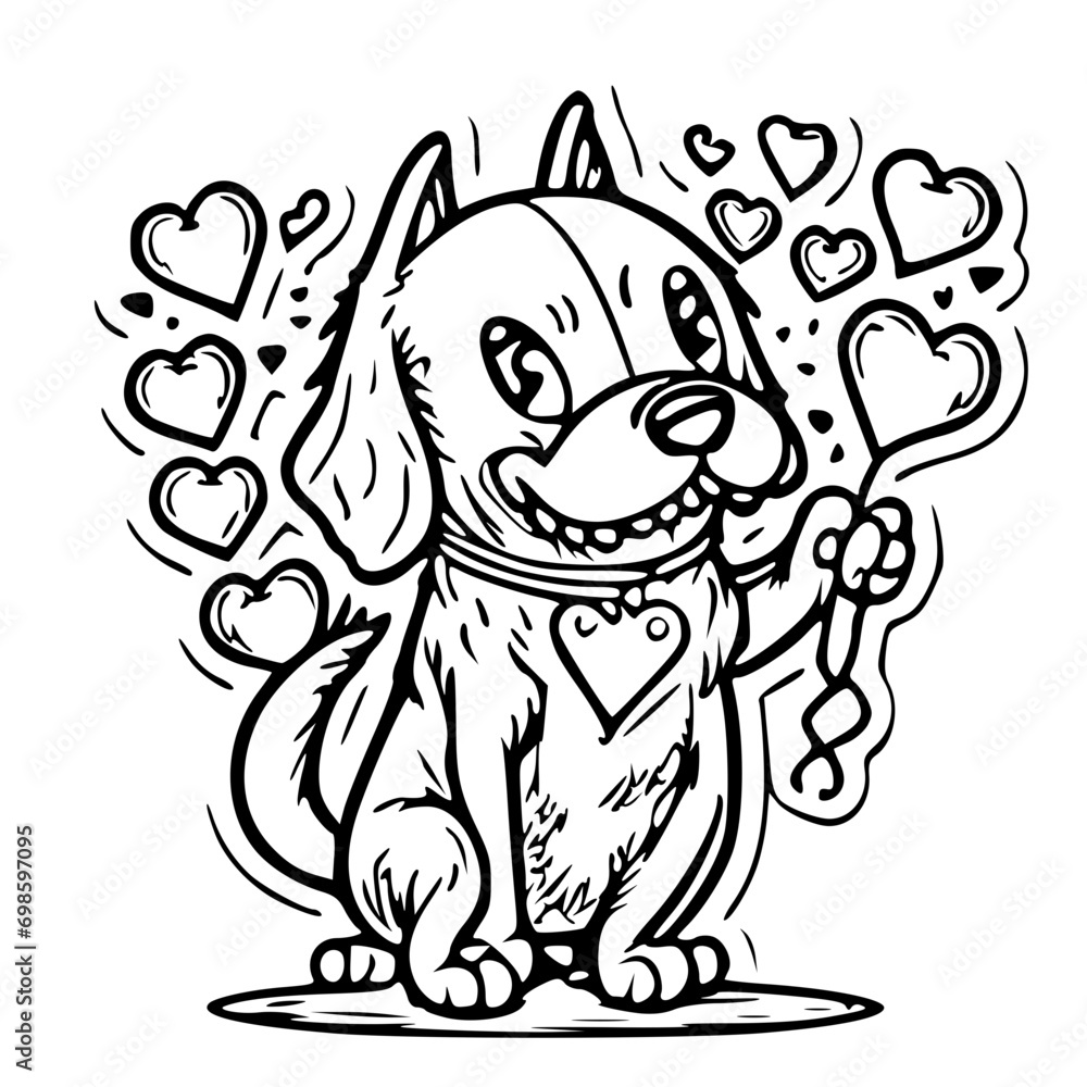 Fototapeta premium vector black and white clipart , dog and heart, valentine, 129