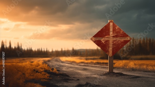 old road abandone sign danger and challenge landscape under a cloudy sky © พงศ์พล วันดี