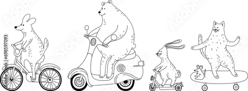 Illustration of cartoon animals on a scooter. Cute doodle animals.