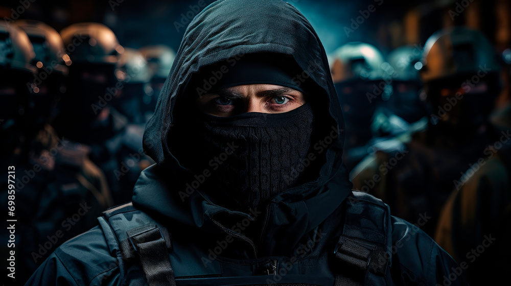 Skilled commandos squad, members hiding faces behind masks, standing in line behind commander. Skilled commandos squad, members hiding faces behind masks, standing in line behind commander.
