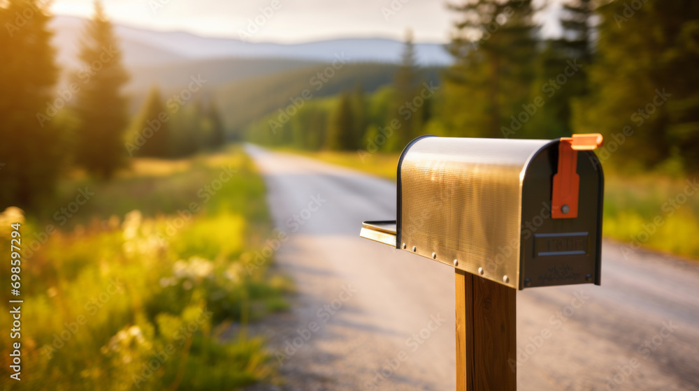 a mailbox alongside a road, surrounded by forest and montains in the golden sunset. a mailbox alongside a road, surrounded by forest and montains in the golden sunset.
