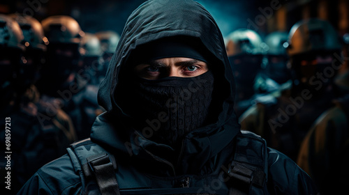 Skilled commandos squad, members hiding faces behind masks, standing in line behind commander.